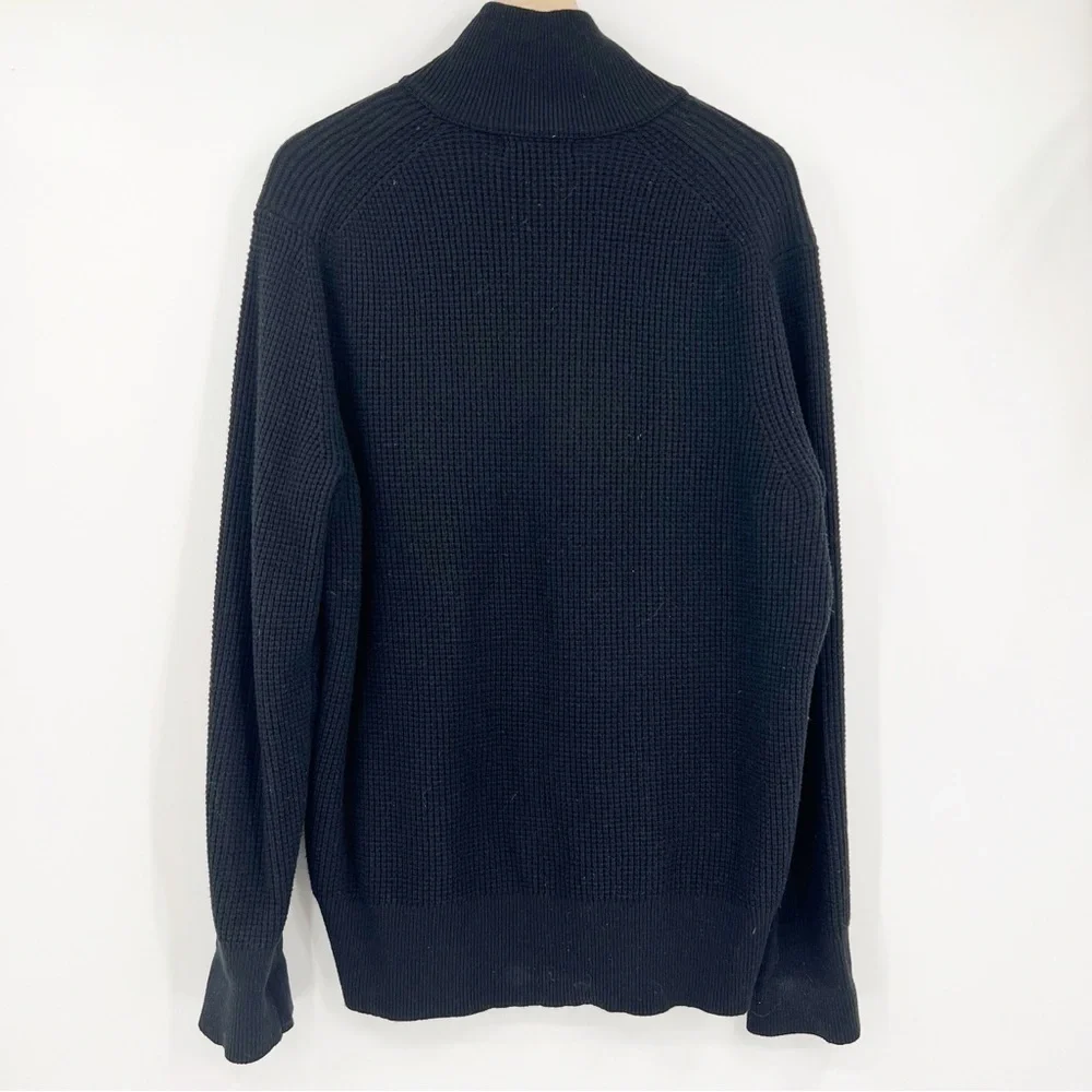 Men's Banana Republic Black 1/4 Zip Merino Wool Sweater Leather Trim Size XL